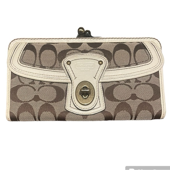 Coach Handbags - Coach Signature Brown
Canvas White Leather Trim Turnlock Trifold Long Wallet